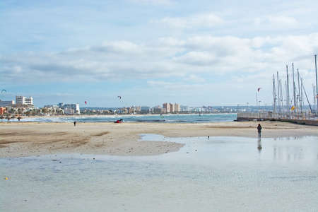 PLAYA DE PALMA, MALLORCA, SPAIN - DECEMBER 14, 2017: Woman and dog on inundated beach on a windy day on December 14, 2017 in Mallorca, Balearic islands, Spainのeditorial素材
