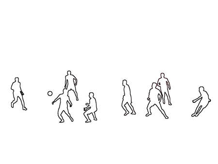 Silhouettes of football soccer players playing a game black contours abstract background illustration.の写真素材