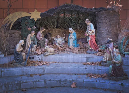 MALAGA, SPAIN - DECEMBER 19, 2017: Christmas crib scene with baby Jesus, Virgin Mary, Joseph and the Three Magi on display in Jardin de la Concepcion on December 19, 2017 in Malaga, Spainのeditorial素材
