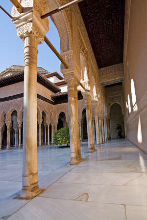 Alhambra islamic moorish palace architecture details pillars in Lions Court in Granada, Andalucia, Spainのeditorial素材