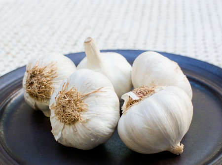 Fresh garlic on dark plate outdoors 