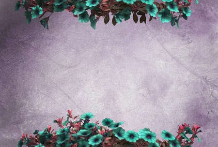 Green petunias on purple oil painting canvas background copy space textureの写真素材