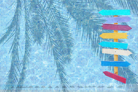 Summer resort pool theme background. Turquoise blue pool mosaic water surface and beach parasols eight colourful arrows backgroundの写真素材