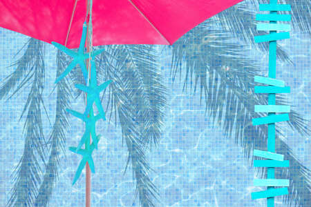 Pink parasol turquoise arrows and starfish mood ad space summer resort theme background