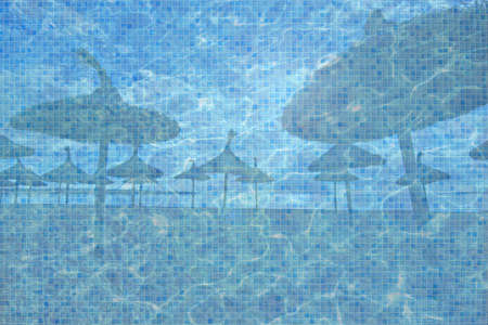 Turquoise blue pool water surface background and beach parasols in sunshine collage