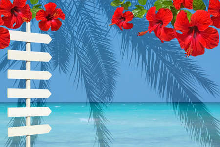 Beautiful ocean landscape with sea sky and horizon and red hibiscus white wooden signpost decor...
