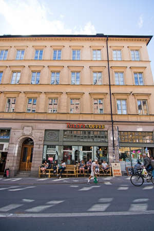 STOCKHOLM, SWEDEN - JULY 11, 2018: Cafes and streetview in Gotgatsbacken Sodermalm on July 11, 2018 in Stockholm, Sweden.のeditorial素材