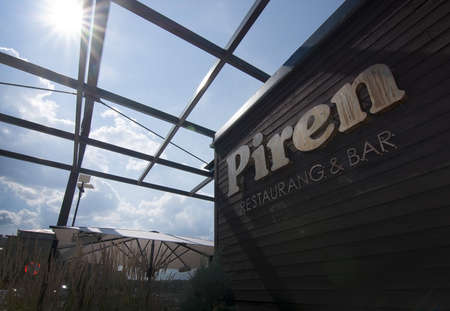STOCKHOLM, SWEDEN - JULY 17, 2018: Piren Restaurant and Bar facade at Hornsbergsstrand on a sunny day on July 17, 2018 in Stockholm, Sweden.のeditorial素材
