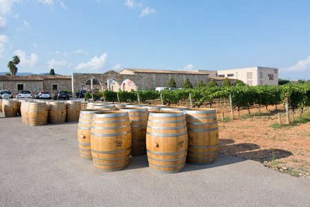 MALLORCA, SPAIN - AUGUST 22, 2018: Wine barrels of oak outside large Macia Batle wine producer on August 22, 2018 in Mallorca, Spainのeditorial素材