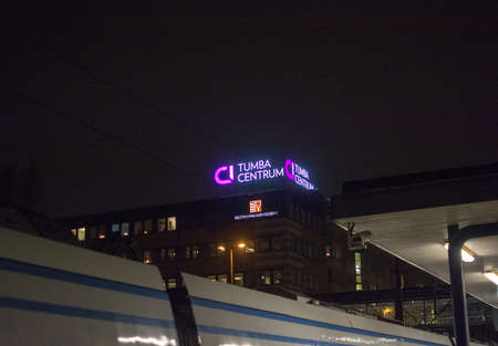 TUMBA, SWEDEN - DECEMBER 29, 2018: Details from Tumba commuter rail station at night on December 29, 2019 in Tumba, Swedenのeditorial素材