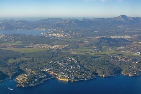 Coastal landscape aerial view on a sunny afternoon in southwestern Mallorca, Spainの写真素材