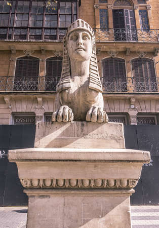 PALMA DE MALLORCA, SPAIN - FEBRUARY 9, 2019: One of the sphinxes on Paseo Borne in sunshine on February 9, 2019 in Palma de Mallorca, Spain.のeditorial素材