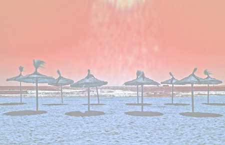 Sunrays pouring on sandy beach with straw parasols summer travel background toned in color Living Coral.の写真素材