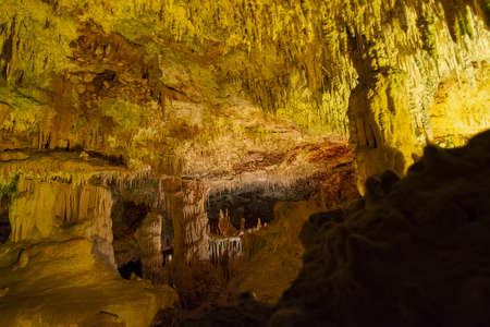 Cave interior with stalactites and stalagmites lit in colors near Porto Cristo, Mallorca, Spain.の写真素材