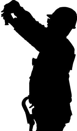Worker silhouette with helmet, drill, ladderのイラスト素材