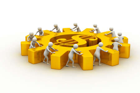 3d people push the dollar wheel team workの写真素材