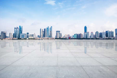 Empty floor with modern skyline and buildingsのeditorial素材