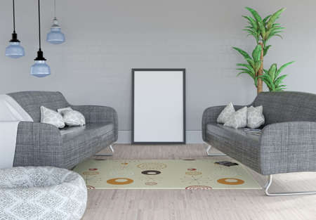 3D render of a blank picture leaning against a wall in a room interior