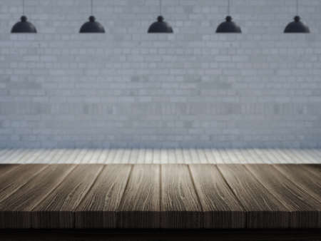 3D render of a wooden table with a defocussed empty room in the backgroundの写真素材