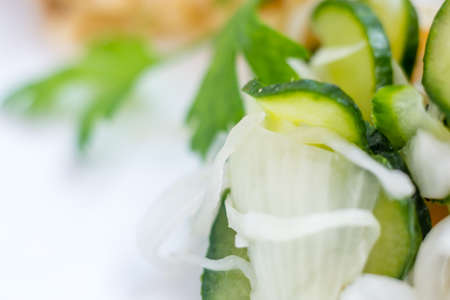 Delicious rice with pork meat and fresh cucumber saladの写真素材