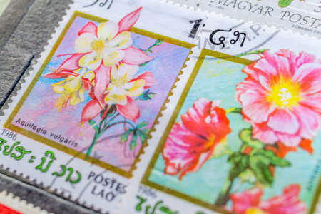 Collection of old postage stamps from different countries and themesのeditorial素材
