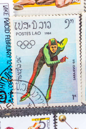 Collection of old postage stamps from different countries and themesのeditorial素材