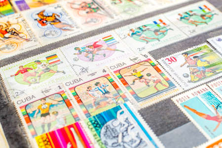 Collection of old postage stamps from different countries and themesのeditorial素材