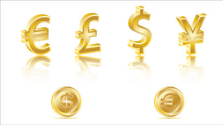 Vector illustration of four golden currency signs with reflectionsのイラスト素材
