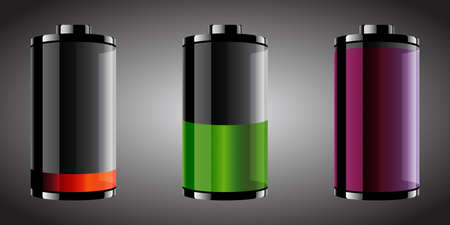 Vector illustration of three glossy style batteries with different color and set levelsのイラスト素材