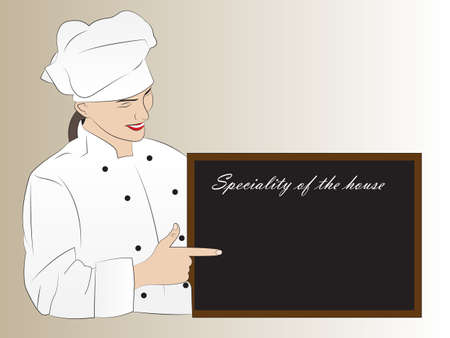 Vector illustration of a pretty chef presenting on the blackboard the speciality of the houseのイラスト素材