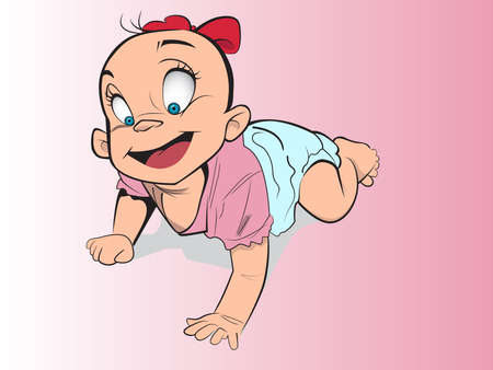 Vector illustration of a cartoon style baby girl crawling in her daiper and smillingのイラスト素材