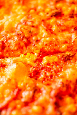 Close-up of home made delicious pizza with cheese, salami and cornの写真素材