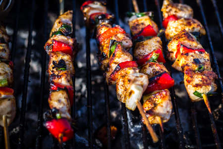 Close up pf delicious chicken breast on wooden skew with fresh vegetables, garlic, paprika fried on mangal barbeque grillの写真素材