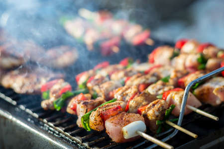 Close up pf delicious chicken breast on wooden skew with fresh vegetables, garlic, paprika fried on mangal barbeque grillの写真素材