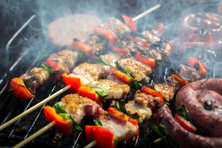 Close up of delicious chicken breast on wooden skew with fresh vegetables, garlic, paprika fried on mangal barbeque grill and smokeの写真素材