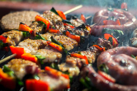 Close up of delicious chicken breast on wooden skew with fresh vegetables, garlic, paprika fried on mangal barbeque grill and smokeの写真素材