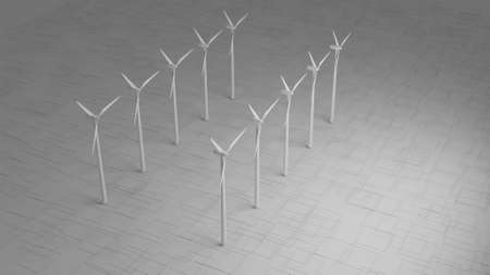 3D rendered image of a wind farm consisting of an array of wind turbines producing green energy to prevent global warmingの写真素材
