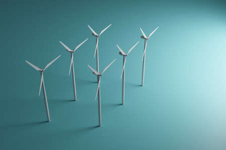 3D rendered image of a wind farm consisting of an array of wind turbines producing green energy to prevent global warmingの写真素材