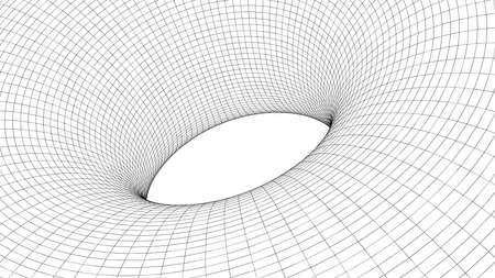 Vector illustration of a 3D wireframe tunnel. Mesh wormhole model representing fabric of space and time.のイラスト素材