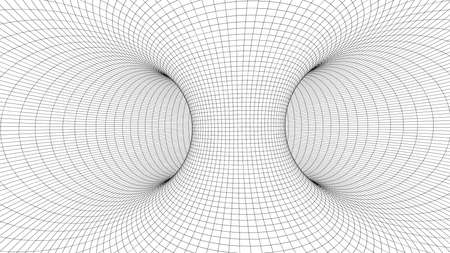 Vector illustration of a 3D wireframe tunnel. Mesh wormhole model representing fabric of space and time.のイラスト素材