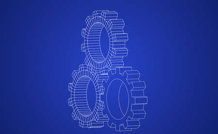 Vector illustration of gears line art on blue background representing a blue printのイラスト素材
