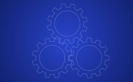 Vector illustration of gears line art on blue background representing a blue printのイラスト素材