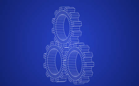 Vector illustration of gears line art on blue background representing a blue printのイラスト素材
