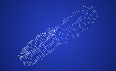 Vector illustration of gears line art on blue background representing a blue printのイラスト素材