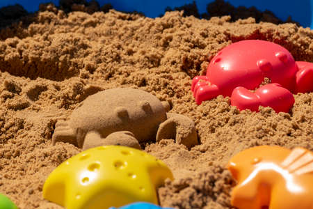 Plastic molds used by children to create different animals and shapes in the sand boxの写真素材