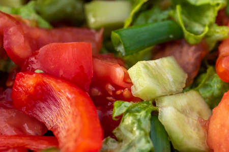 Close-up shot of juicy assorted salad consisting of green salad leaves, tomato, paprika and cucumberの写真素材
