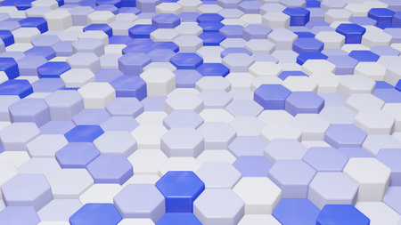 3D rendered illustration of a colorful hexagonal abstract background with tiles aranged randemly in...
