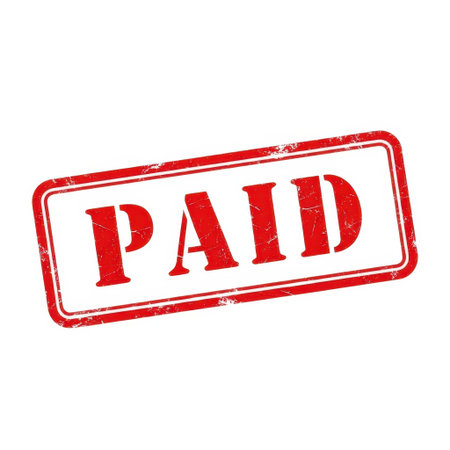 This image features a red 'PAID' stamp prominently displayed in the center. The stamp has a distressed, grunge texture and is isolated on a transparent background, making it suitable for various design applications. The overall aesthetic is bold and eye-catching, ideal for financial or business-related themes.の素材