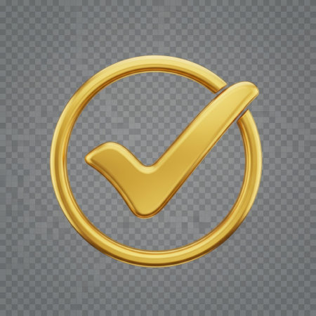 This image features a 3D golden checkmark icon enclosed within a circular frame. The checkmark is prominently displayed in the center, with a transparent background that allows for seamless integration into various designs. The golden hue adds a touch of elegance, making it suitable for a wide range of applications. The image is optimized for SEO and can be used in web design, graphic design, and digital marketing.の素材