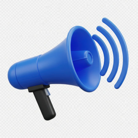 This image features a 3D rendering of a blue megaphone isolated on a white background. The megaphone is emitting sound waves, indicating that it is in use. The image has a transparent background, making it suitable for various design applications.の素材